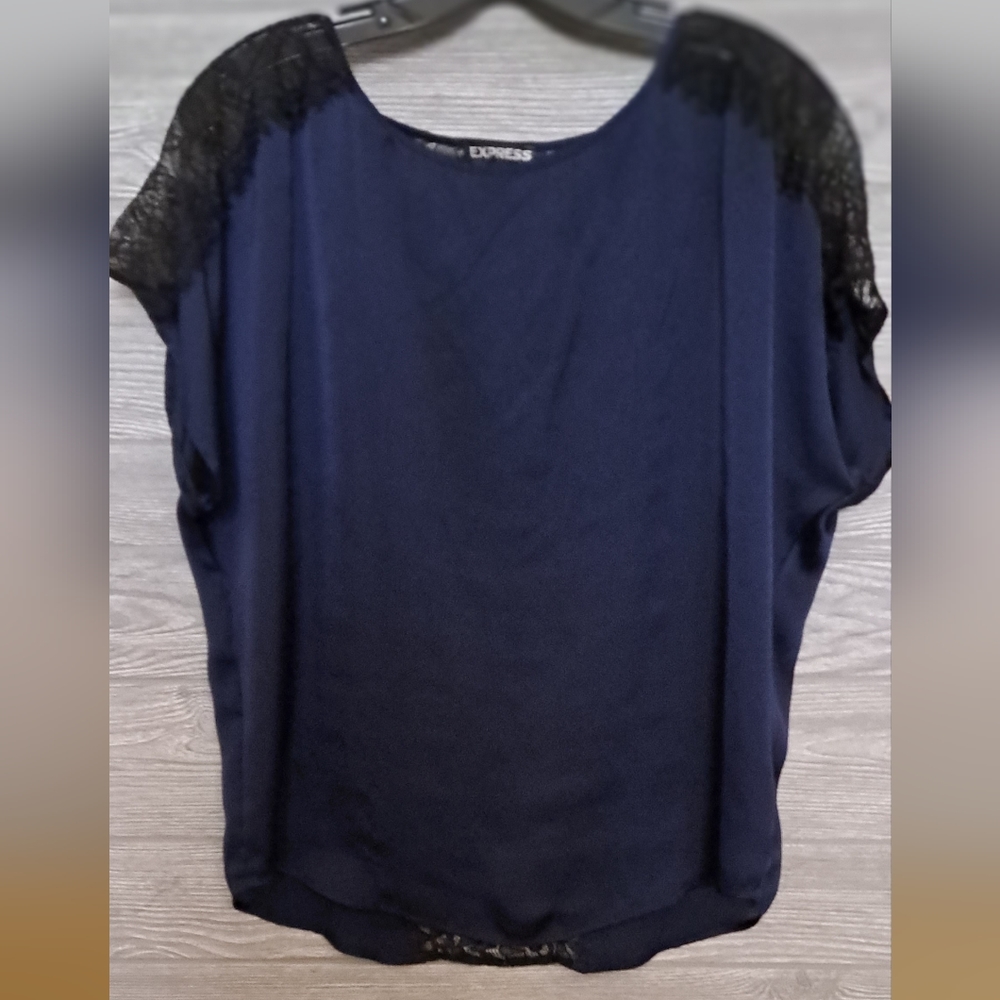 Express short sleeve navy blue light shell black lace on sleeves and back size M